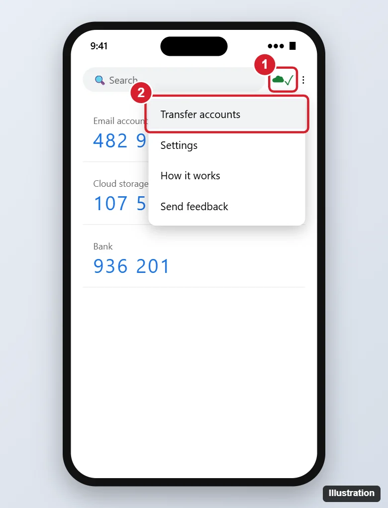How to Recover Google Authenticator Codes (New or Lost Phone) 1 Authenticator app with the cloud sync status icon and the Transfer accounts menu option highlighted