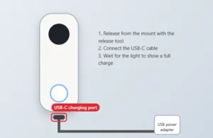 Battery video doorbell removed from its mount and connected to a USB-C charging cable, with the charging port highlighted