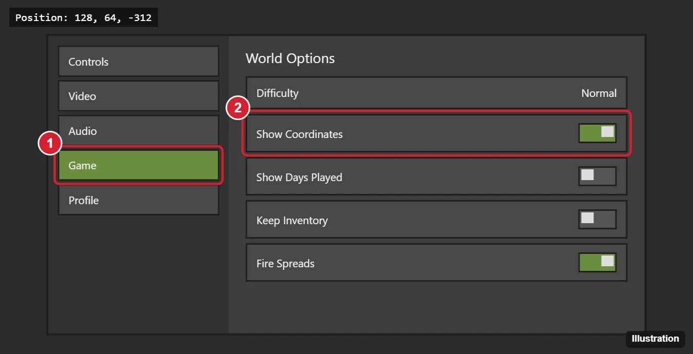 How to See Coordinates in Minecraft on Windows 10 1 Game settings screen in Bedrock Edition with the Show Coordinates toggle highlighted and coordinates shown in the corner
