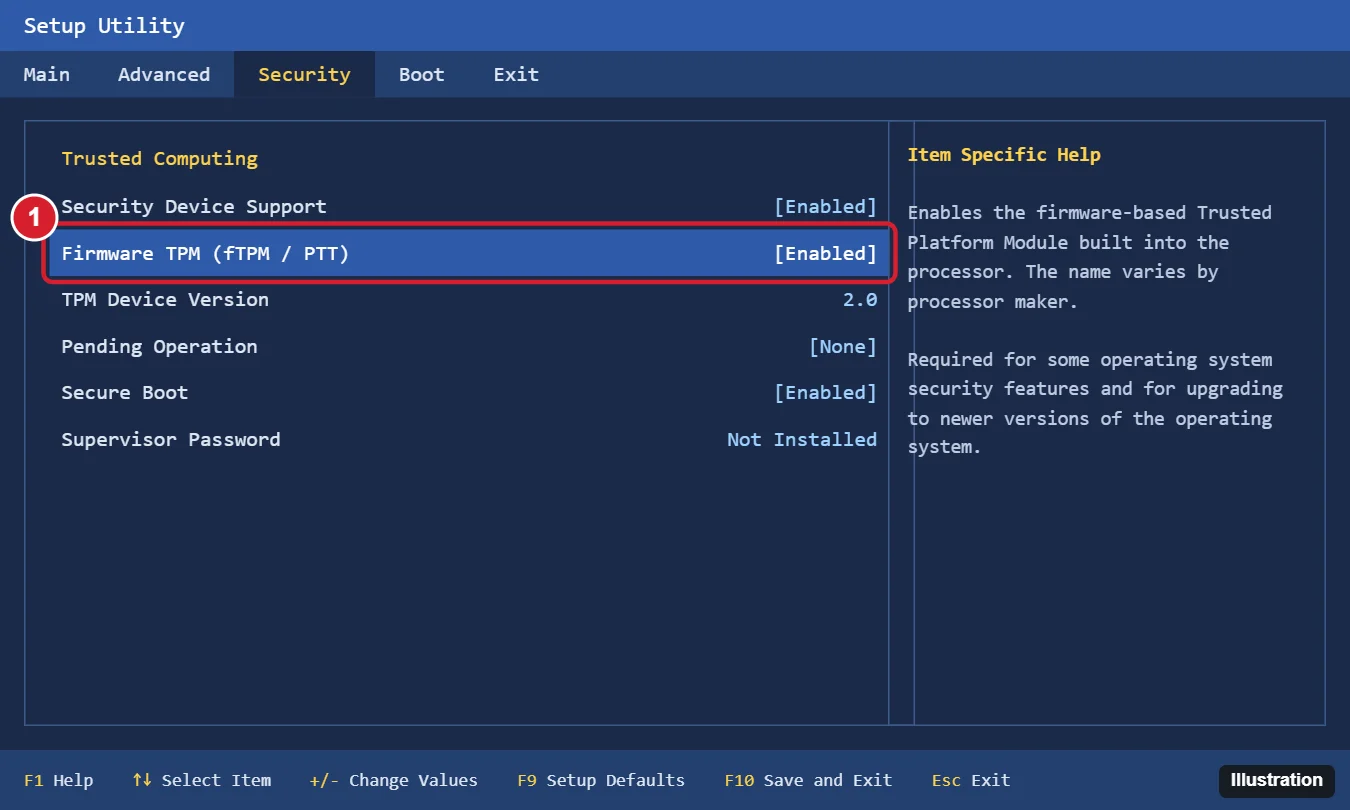 How to Enable TPM in BIOS on Windows 10 1 Firmware setup utility on the Security tab with Trusted Computing, Security Device Support set to Enabled and the firmware TPM option highlighted