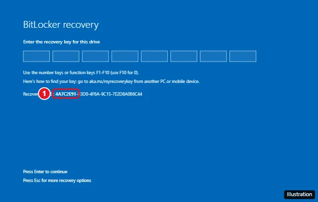 BitLocker recovery screen with the recovery key ID highlighted