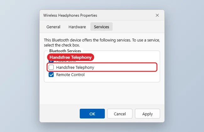 How to Disable Hands-Free Audio in Windows 11 1 Bluetooth headset Properties Services tab with Handsfree Telephony unchecked and Audio Sink checked