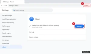 Browser Settings About page showing an update ready with the Relaunch button highlighted
