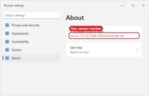 Web browser About page showing the version number and that it is up to date