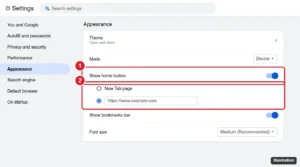 Browser Appearance settings with Show home button toggle and home page options highlighted