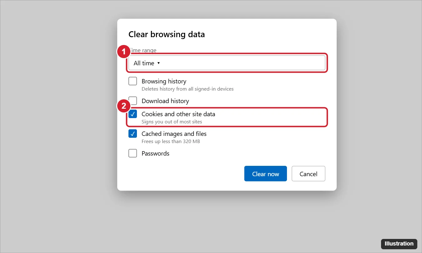 How to Delete Cookies on Windows 10 (Edge, Chrome, and Firefox) 1 Browser Clear browsing data dialog with the time range and Cookies and other site data checkbox highlighted