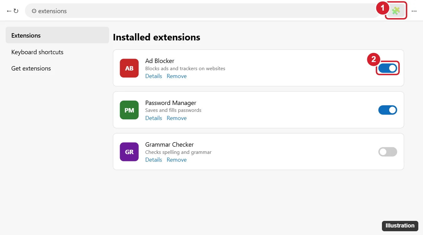 How to Turn Off an Ad Blocker on Windows 10 (Edge, Chrome, Firefox) 1 Browser Extensions page with an ad blocker extension toggle and the extensions menu entry highlighted