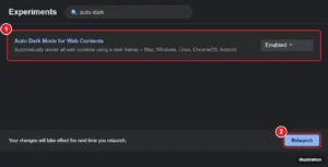 Browser experiments page with Auto Dark Mode for Web Contents set to Enabled and the Relaunch button highlighted