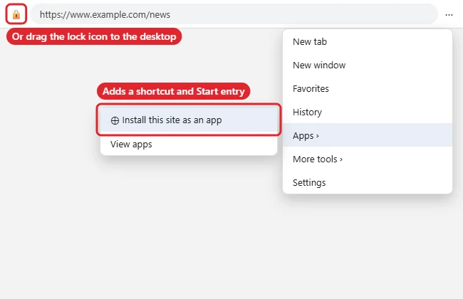How to Create a Desktop Shortcut to a Website in Edge (Windows 11) 1 Browser menu open on Apps with Install this site as an app highlighted