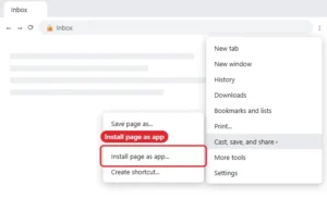 Web browser menu open to Save and share with Install page as app highlighted