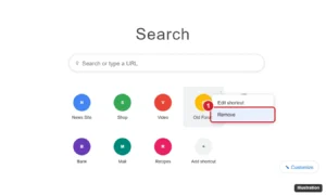 Browser new tab page with shortcut tiles below the search box, one tile three-dot menu open with Edit shortcut and Remove, Remove highlighted