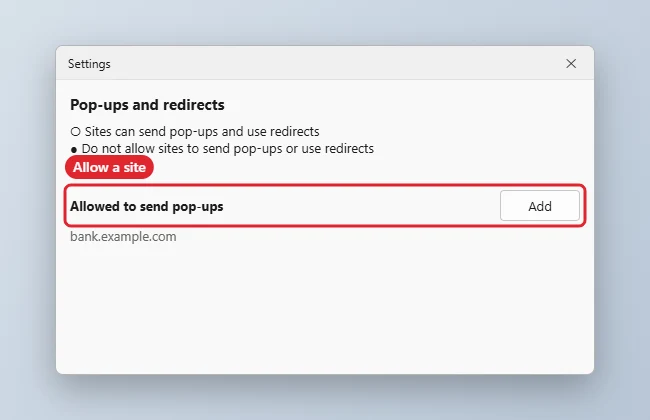 Browser pop-ups and redirects settings with Add under Allowed highlighted