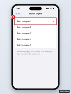 iPhone browser Search Engine settings screen with Google selected and checked
