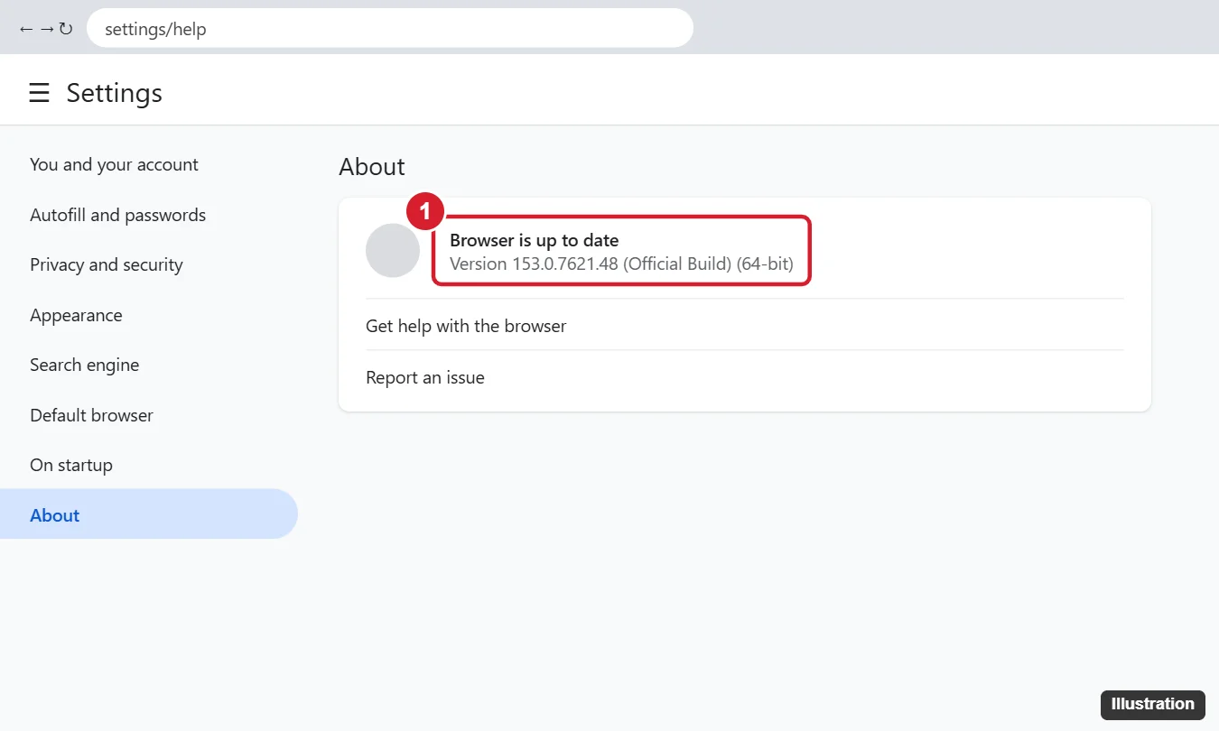 Web browser Settings About page showing the current version number and update status, the version line highlighted