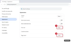 Browser Appearance settings with the Font size and Page zoom menus highlighted