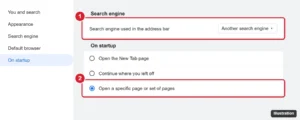 Browser settings On startup section with Open a specific page selected and the Search engine setting highlighted