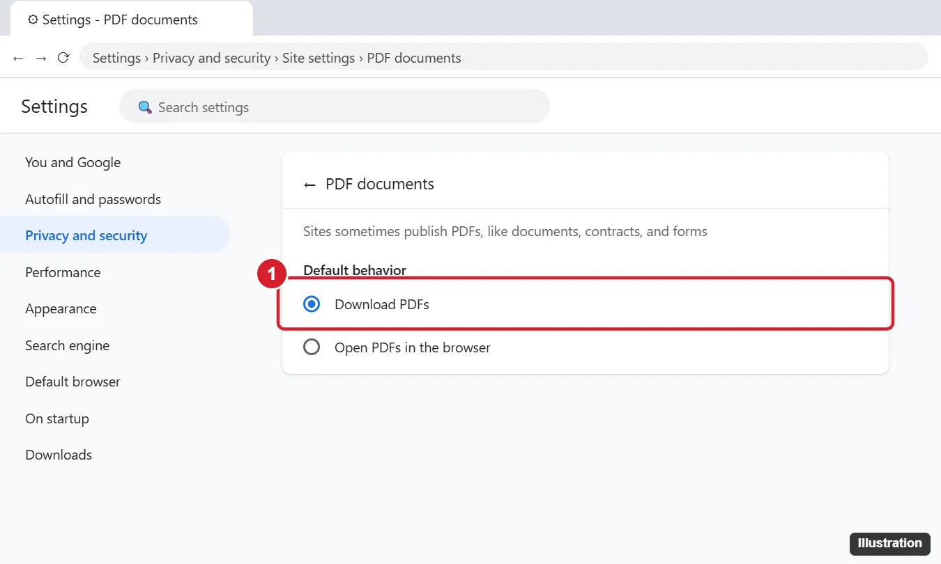 Browser Site settings PDF documents page with the Download PDFs option selected