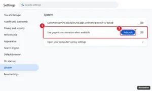 Browser Settings System page with the Use graphics acceleration when available switch and the Relaunch button highlighted