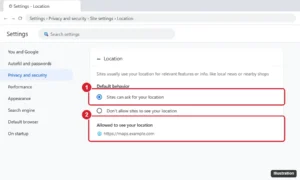 Browser Site settings Location page with Sites can ask for your location selected and allowed and blocked site lists