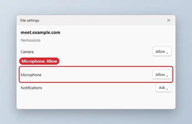 Browser site settings with the Microphone permission set to Allow
