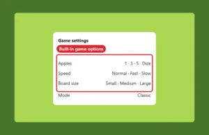 Browser snake game settings panel with speed, apples and board size options highlighted