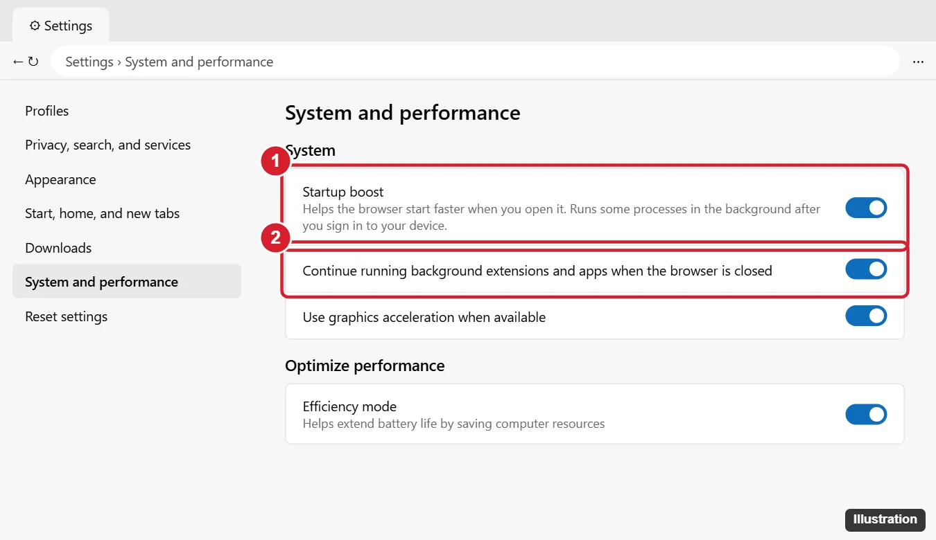 Browser settings System and performance page with Startup boost and background apps toggles highlighted
