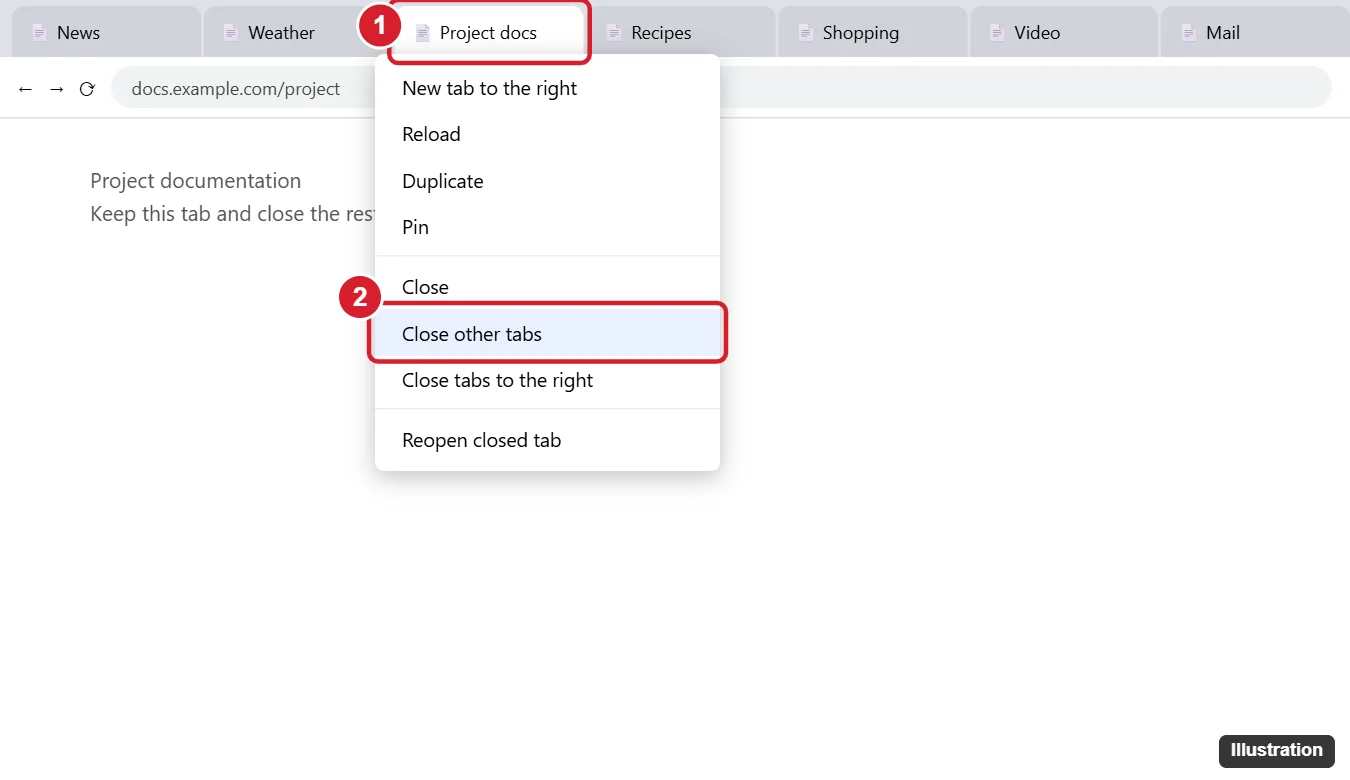 Browser window with many tabs and a tab right-click menu open showing Close other tabs highlighted