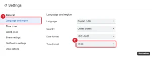 Calendar settings page with Language and region open and the Time format menu set to 13:00