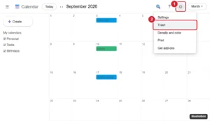 Calendar web app with the settings gear menu open and Trash highlighted
