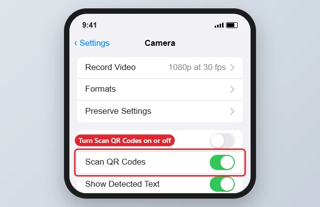 How to Turn the iPhone Camera QR Code Scanner On or Off 1 Camera settings with the Scan QR Codes switch turned on