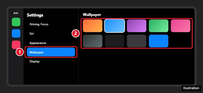 CarPlay Settings on a car display with Wallpaper selected and the wallpaper choices highlighted