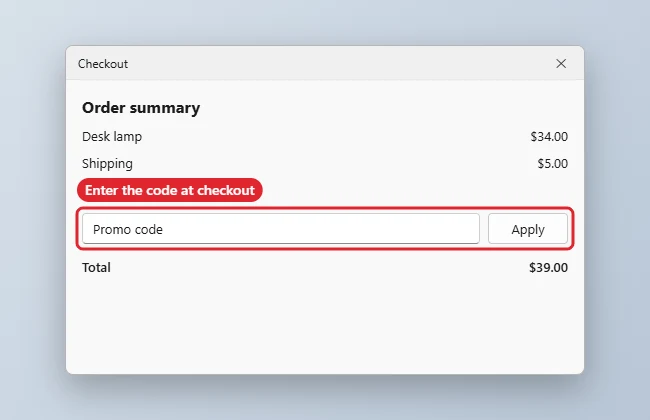 Microsoft Edge Coupons on iPhone: Feature Retired 1 Checkout page with the promo code field highlighted