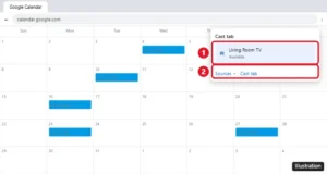 Google Chrome Cast dialog open over Google Calendar with a living room TV and the Cast tab source option highlighted