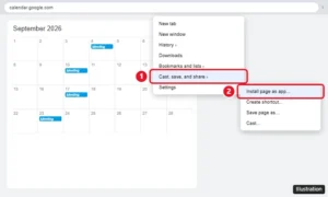 Chrome menu open on Google Calendar with Cast, save, and share expanded and Install page as app highlighted