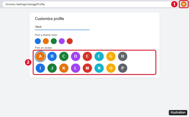Google Chrome Customize profile page with the avatar grid and a selected avatar highlighted