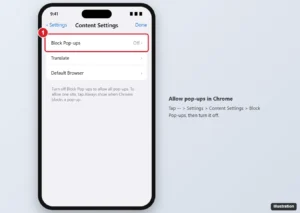 Chrome app on iPhone Content Settings screen with Block Pop-ups highlighted
