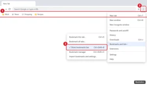 Chrome three-dot menu open to Bookmarks and lists with Show bookmarks bar highlighted