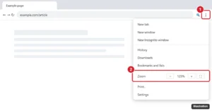 Chrome three-dot menu open with the Zoom plus and minus controls highlighted