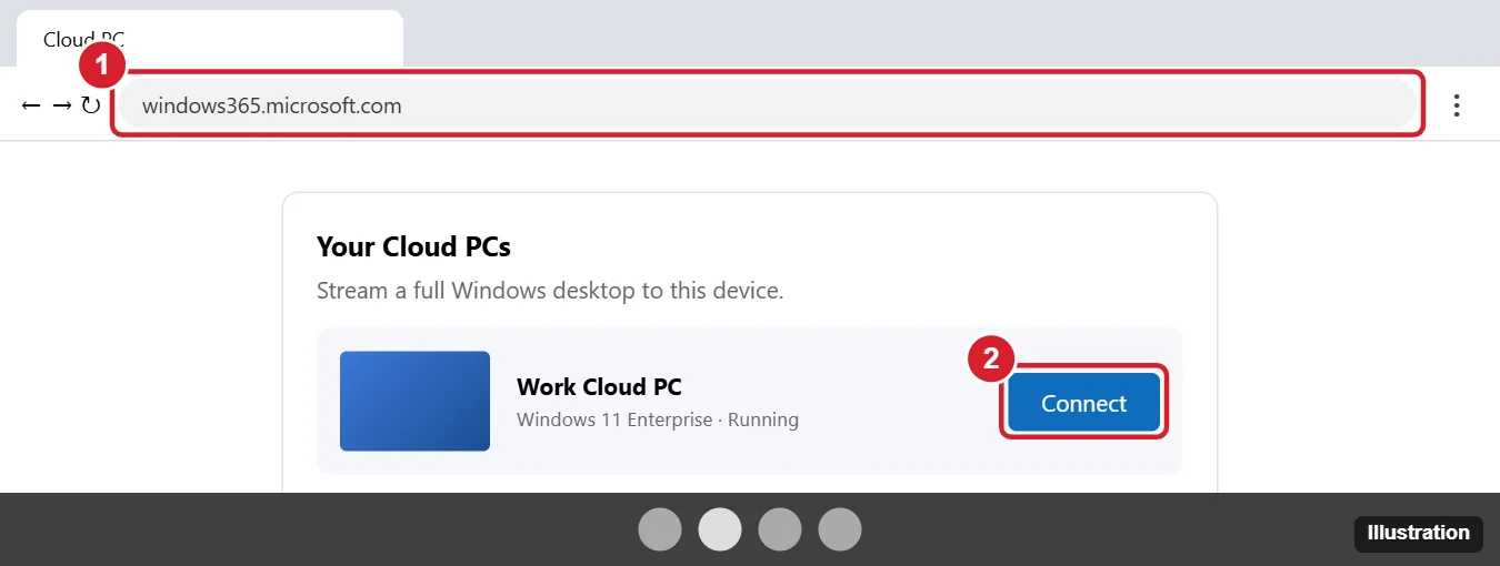 Chromebook browser showing a cloud PC portal with the Connect button highlighted to open a Windows desktop