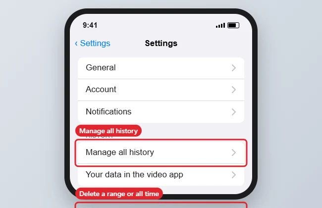 How to Clear YouTube History on iPhone 13 1 Video app settings on a phone with Manage all history and Delete options