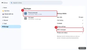 Cloud storage Backups page with a phone backup selected and the SMS messages entry highlighted