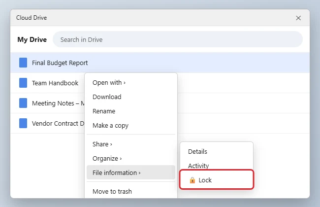 Cloud drive file list with the right-click menu open to File information and the Lock option highlighted