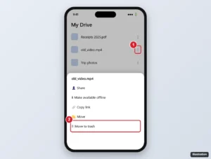 Cloud drive app on iPhone with a file action menu open and Move to trash highlighted