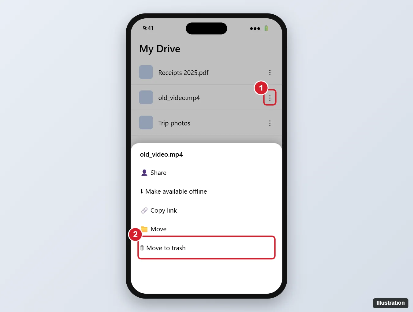 How to Delete Files From Google Drive on iPhone 1 Cloud drive app on iPhone with a file action menu open and Move to trash highlighted