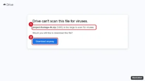 Cloud storage download warning for a large file that cannot be scanned for viruses, with the file name and Download anyway button highlighted