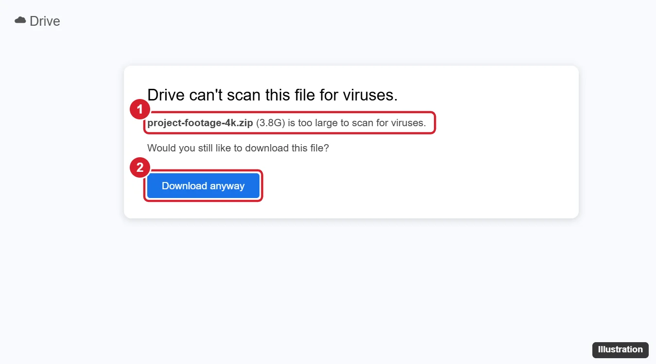 How to Download Large Files From Google Drive (Without Errors) 1 Cloud storage download warning for a large file that cannot be scanned for viruses, with the file name and Download anyway button highlighted