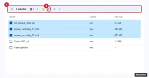Cloud drive file list with several files selected and the Move to trash button highlighted in the selection toolbar