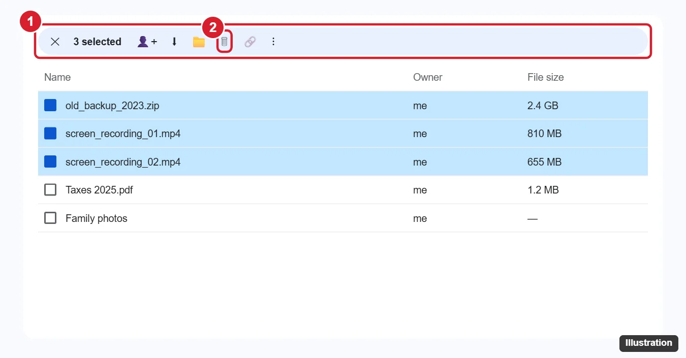Cloud drive file list with several files selected and the Move to trash button highlighted in the selection toolbar
