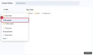 Cloud storage web page with the New menu open and File upload highlighted for uploading a word processor document