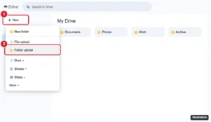 Cloud storage web app New menu open with Folder upload highlighted